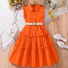 Orange Children's Clothing Shein Tween Girls TurnDown Collar MidLength Dress With Woven Waist Belt