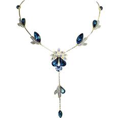 Blue Jewelry Sets Faship Gorgeous Dark Blue Crystal Floral Necklace Earrings Set Navy Blue/Gold plated