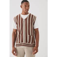 Acrylic Vests boohooMAN Mens Regular Fit Zip Through Open Knit Stripe Gilet Brown