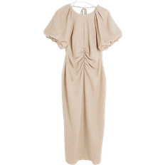 River Island Ruched Puff Sleeve Shift Midi Dress - Beige
