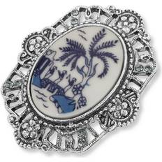 Women Brooches 2028 Porcelain Oval Blue Willow Pin White