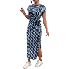 Shein Essnce Women Long Striped Dress With Side Twist Knot Design And Batwing Sleeves