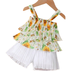 Shein Baby Girls Fashionable Strap ALine Floral Top With Ruffle Hem And Pleated Shorts Fresh Vacation Style Outfits For And Summer