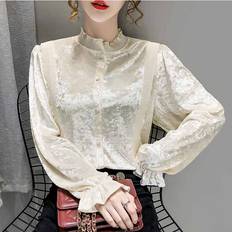 French Vintage Autumn Pleated Lace Stand Collar Blouse Women Velvet Lantern Sleeve Shirt Tops Women Cardigan Clothing 12058 Multicoloured One