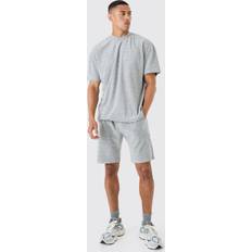 Nachtwäsche boohooMAN Oversized Extended Neck Towelling T-shirt & Short Set - Grey Marl