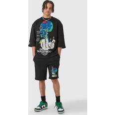 Musta - Yksivärinen Yöasut boohooMAN Oversized Graphic Half Sleeve Sweatshirt And Short Set - Black