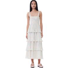 Ganni Floral Printed Pleated Georgette Strap Smock Midi Dress in Tofu Polyester Women's