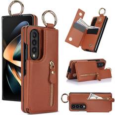 Wallet Cases XIMAND XIMAND for Samsung Galaxy Z Fold 4 Wallet Case with Zipper and Credit Card Holder, Cash Slot, Premium Leather Magnetic Clasp Kickstand Heavy Duty Ring Protective Cover.Brown