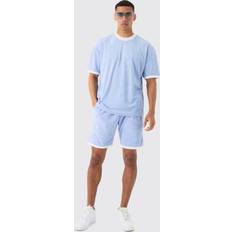 Miesten alusvaatteet boohooMAN Mens Oversized Extended Neck Contrast Towelling T-Shirt & Shorts Blue