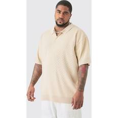 Viscose Polo Shirts boohooMAN Mens Plus Oversized Revere Crochet Polo Beige