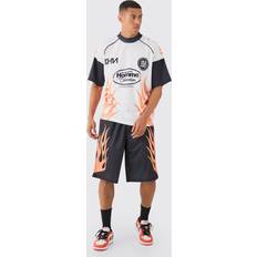 Housut & Shortsit boohooMAN Oversized Extended Neck Mesh Flame T-shirt & Jorts Set - Black