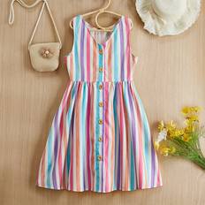 Multicoloured Dresses Children's Clothing Shein Tween Girl Casual Summer Woven Colorful Striped Sleeveless Dress