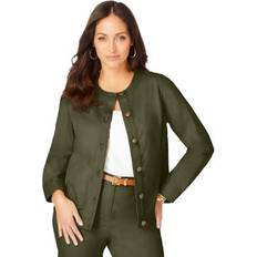 Jessica London Jackets Jessica London Plus Women's Collarless Denim Jacket in Dark Olive Green Size W Button Front Stretch Jean Jacket