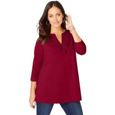 Jessica London Blouses Jessica London Plus Women's Stretch Notch Neck Tunic in Rich Burgundy Crochet Size 2X