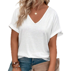 V-Neck T-shirts Shein Lune Plus Size Women's V-Neck Bat Short-Sleeved T-Shirt