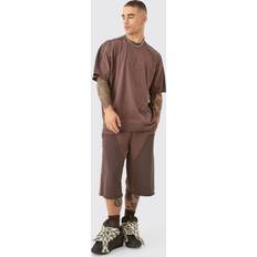 Hosen & Shorts boohooMAN Oversized BHM Applique T-shirt and Carpenter Jort Set - Chocolate