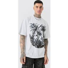 Ylisuuri T-paidat boohooMAN Oversized Palm Print T-shirt - White