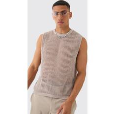 Beige - Men Tank Tops boohooMAN Mens Oversized Open Stitch Tank In Stone Beige