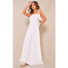 Dresses PrettyLittleThing Linen Look Elasticated Tie Bow Maxi Dress - White