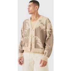 Beige Cardigans boohooMAN Mens Boxy Oversized Brushed Tonal Scenic Cardigan Beige