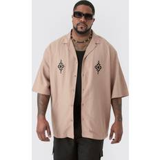 5XL - Mies Paidat boohooMAN Plus Linen Embroidered Drop Revere Shirt - Taupe