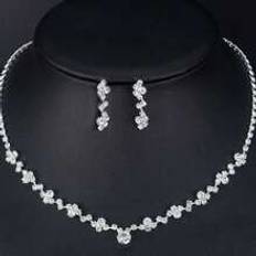 Silver Smyckesset Shein 3pcs Fashionable Elegant Rhinestone Necklace And Earrings Set, Bridal Jewelry Women Wedding Dress Accessories