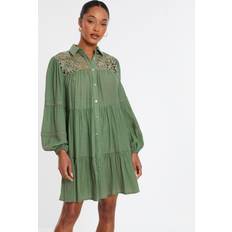 Clothing Quiz Khaki Crochet Mini Shirt Dress, Green, S, Women