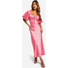 Knee Length Dresses - Recycled Fabric boohoo Womens Dot Satin Puff Sleeve Midaxi Dress Pink