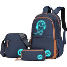 Kono Navy and Brown Children 3-Piece Glow-In-The-Dark School Backpack Set With Crossbody Bag And Pencil Case Blue