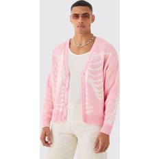 Herren - Rosa Cardigans boohooMAN Mens Boxy Oversized Skeleton Jacquard Cardigan Pink