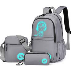 Kono Grey Children 3-Piece Glow-In-The-Dark School Backpack Set With Crossbody Bag And Pencil Case