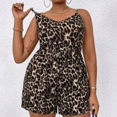 Leopard Jumpsuits & Overalls Shein Plus Womens Fashionable Leopard Print WaistCinching Jumpsuit With Shoulder Straps