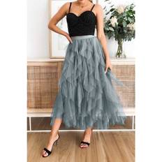 Gray - Midi Skirts Women's Tulle Tulle Tiered Maxi Skirt Grey 10-12 Large