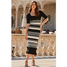 Sosandar Womens Black & White Stripe Frill Detail Knitted Midi Dress