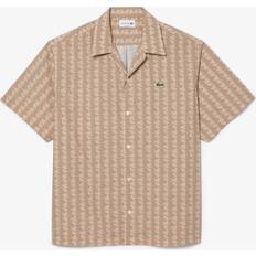 Lacoste Herren Hemden Lacoste Short Sleeved Monogram Print Shirt - Beige/Brown