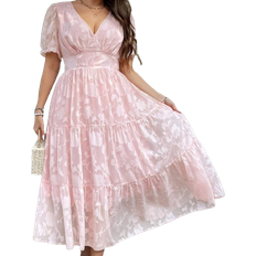 Shein SHEIN Privé Plus Size Women'S Elegant Floral Jacquard & Cut Out Detail V-Neck Maxi Dress