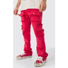 Rot Jeans boohooMAN Mens Slim Rigid Flare Distressed Pocket Jeans In Red 36R