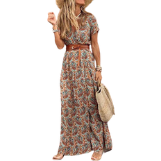 Shein VCAY Women's Paisley Pattern V-Neck Elastic Waist High Slit Vacation Maxi Dress