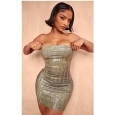 Mesh Details Dresses PrettyLittleThing Shape Olive Snake Print Sequin Bandeau Bodycon Dress, Green