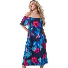 Clothing Petite Tropical Floral Bardot Chiffon Dress in Navy