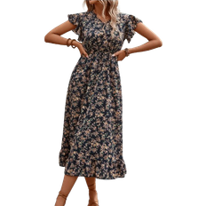 Shein VCAY Ditsy Floral Print Butterfly Sleeve Ruffle Hem Dress