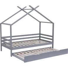 Kids Teddy Wooden House Single Bed Frame with Guest Trundle