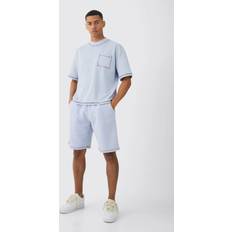 Hosen & Shorts boohooMAN Oversized Boxy Contrast Stitch T-shirt & Shorts Set - Ice Grey