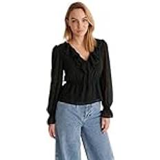 Frill V-Neck Chiffon Blus Dam - Svart