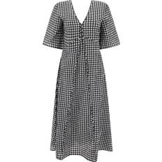 Ganni Seersucker Check V-neck Long Dress Egret