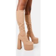Beige Höga stövlar Public Desire Polished Taupe Nylon Platform Rounded Square Toe Block Heeled Knee High Boots neutral