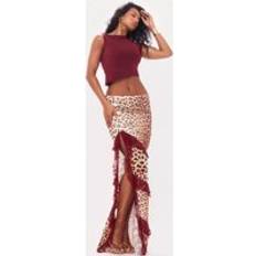 Purple - Women Skirts PrettyLittleThing Cherry Red Leopard Print Lined Mesh Thigh Split Lace Trim Maxi Skirt, Cherry Red