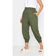 Green - Women Trousers Yours Shirred Harem Trousers - Khaki Green