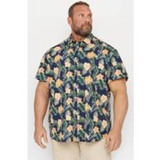 Jack & Jones Yellow Shirts Jack & Jones Mens Big Tall Navy Blue Yellow Tropical Print Short Sleeve Cotton Shirt Big Tall