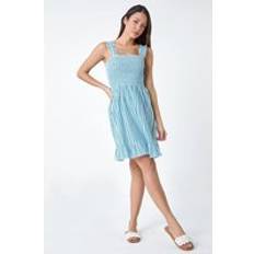 Short Dresses - Turquoise Roman Zig Zag Print Shirred Cotton Dress in Turquoise